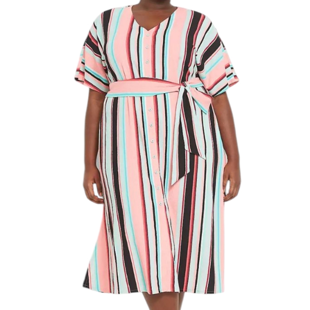 Lane Bryant Women's Pastel Multicolor Button-Front Belted Midi Dress Size 14/16 - Picture 2 of 16